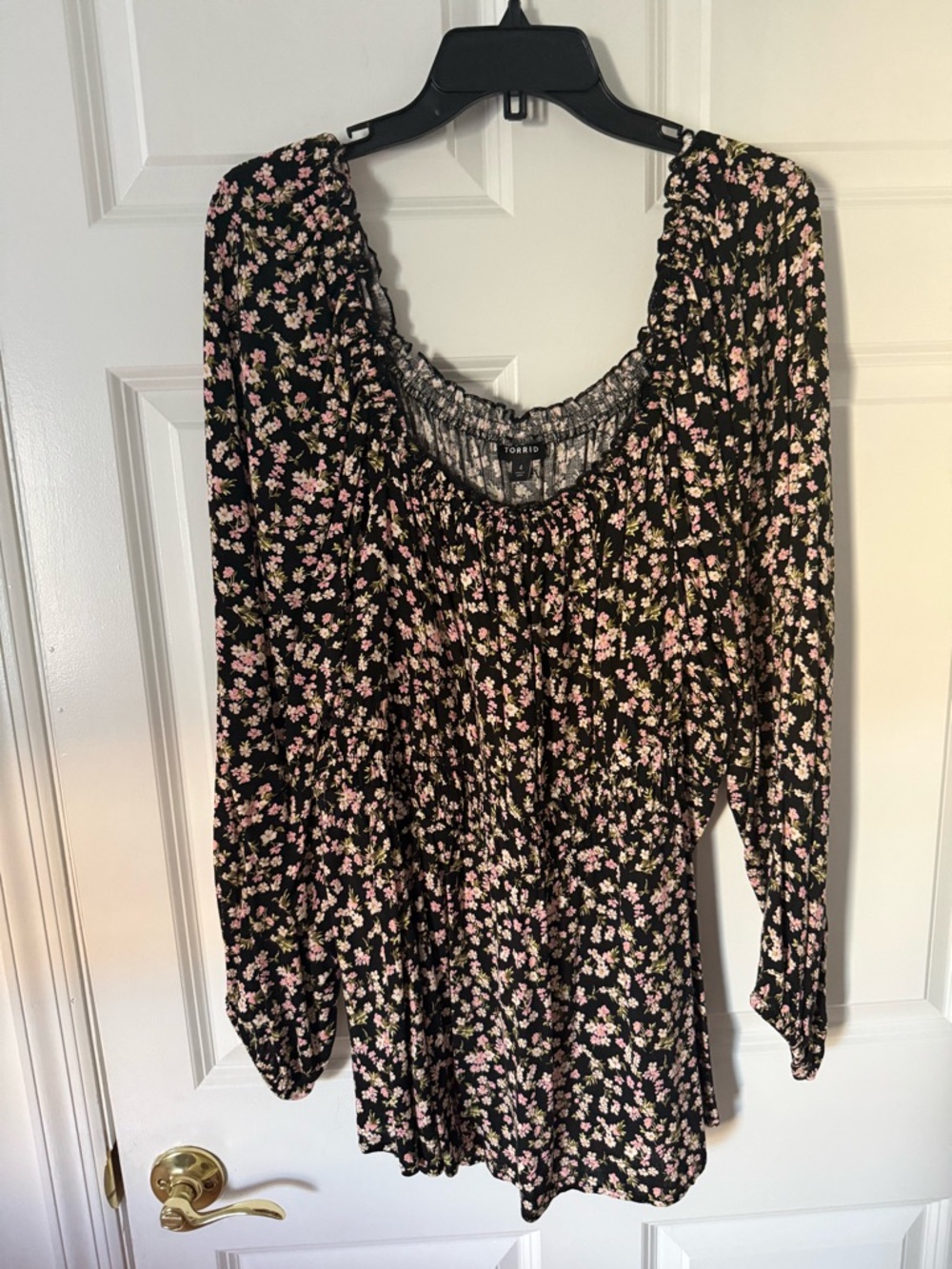 Torrid Black Peasant Top with Pink Floral Pattern